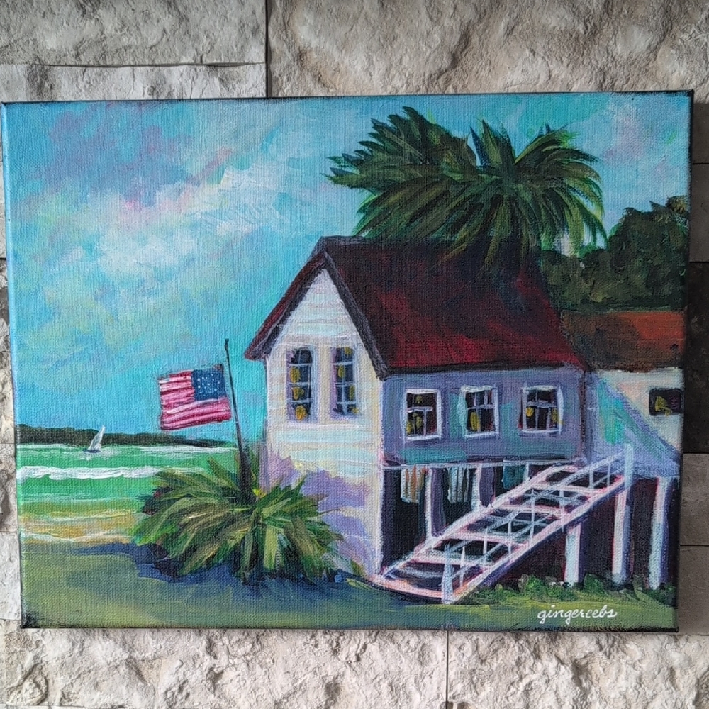 Beach House w/American Flag Canvas Painting NEW Original Acrylic, Artist Signed